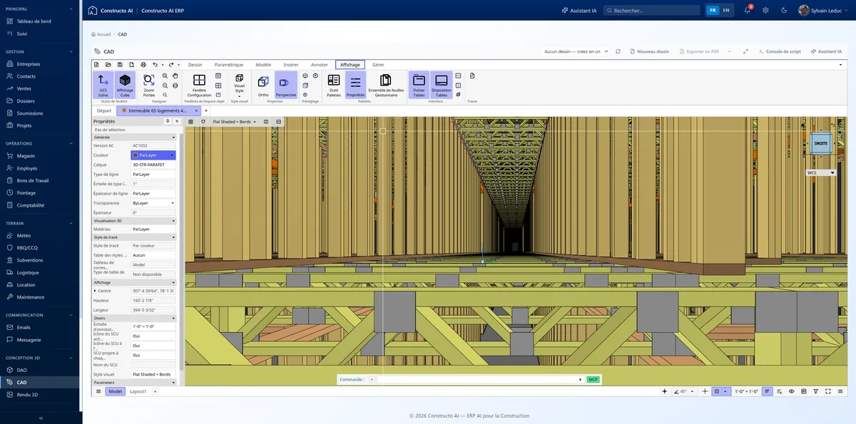 Module CAD de Constructo AI dans le navigateur : ruban d'outils (Dessin, Paramétrique, Modèle, Insérer, Annoter, Affichage, Gérer), vue 3D de la structure d'un immeuble de 65 logements, panneau Propriétés et ligne de commande reliée au MCP