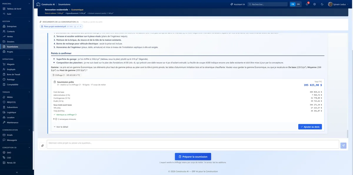 Soumission préparée par l'IA dans Constructo AI à partir d'un plan PDF joint : points à confirmer, choix de gamme au pi², puis ventilation (coût de base, administration 3 %, contingences 12 %, profit 15 %, TPS, TVQ) pour un total de 395 825,98 $