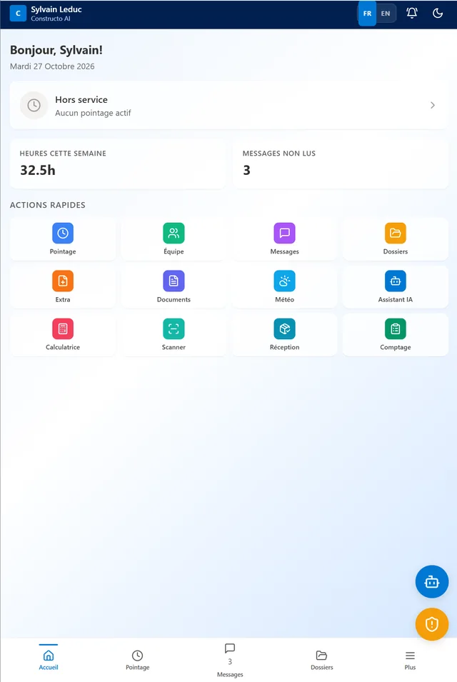 Écran d'accueil de l'application mobile Constructo AI : état du pointage, heures de la semaine, messages non lus et 12 actions rapides (pointage, équipe, messages, dossiers, météo, assistant IA, calculatrice, scanner…)