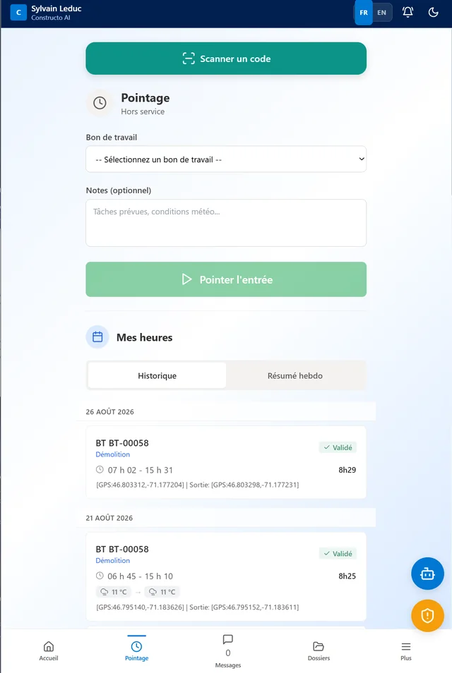 Pointage dans l'application mobile : scanner un code, choisir le bon de travail, ajouter des notes et pointer l'entrée, avec l'historique des heures validées (météo et GPS)