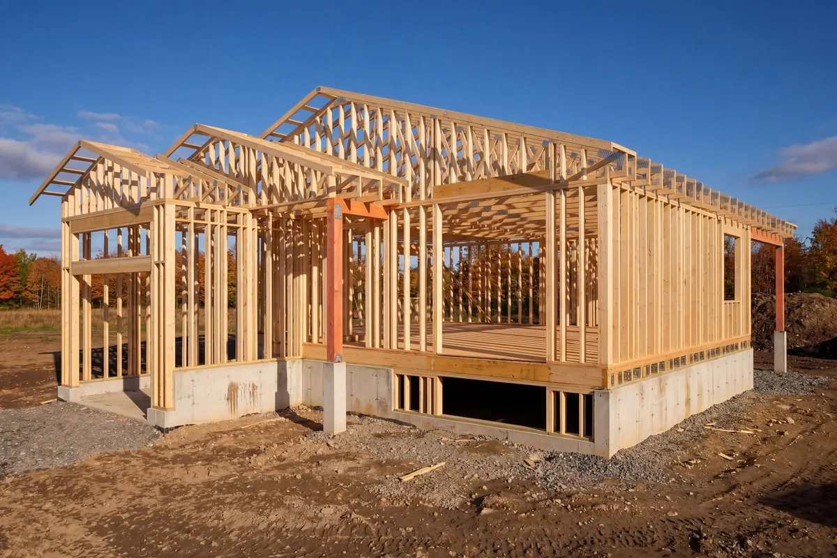 Charpente de bois d'une maison unifamiliale en construction : murs à ossature, fermes de toit et poteaux sur fondation de béton