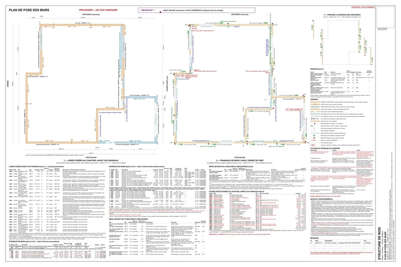 Plan de pose des murs, feuille S-201 : panneaux de murs numérotés dans l'ordre de pose, lisses, ancrages et tableaux des pièces