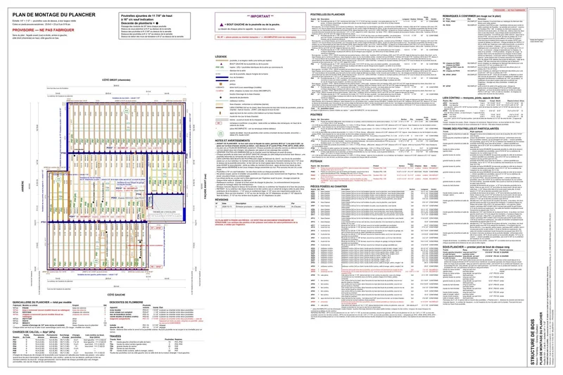 Plan de montage du plancher, feuille S-101 : poutrelles, poutres et poteaux repérés et cotés, avec légende, quincaillerie, charges et tableaux des pièces